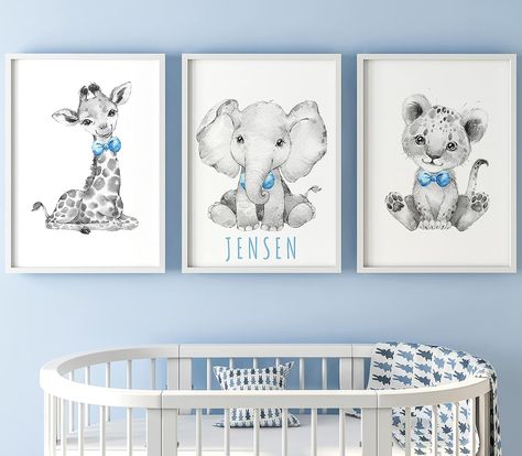 Safari Animals Baby Boys Nursery Bedroom Prints Unframed Set of 3 with Personalised Name, Wall Art Decor Gift Present in Grey Blue Green Yellow, Giraffe Elephant Lion (A4) Baby Boys Nursery, Light Blue Nursery, Safari Animal Wall Art, Jungle Nursery Decor, Boy Girl Nursery, Giraffe Nursery, Nursery Wall Art Boy, Jungle Nursery, Safari Nursery Decor