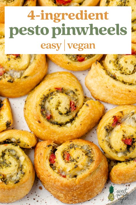 Learn how to make these easy, flaky, and delicious pesto pinwheels with just 4 simple ingredients and about 20 minutes of your time! They are perfect for kids, parties, and even the pickiest of eaters! #vegan #pestopinwheels #pesto #vegan pesto #veganpinwheels #vegancrescentrolls #veganpillsbury #superbowl #gameday #sweetsimplevegan #appetizer #snack #20minute Pesto Pinwheels, Vegan Party Snacks, Vegan Finger Foods, Game Day Recipes, Vegan Fried Chicken, Vegan Party Food, Vegan Party, Vegan Mozzarella, Vegan Pesto