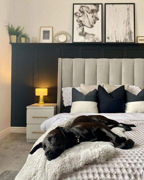 40 Amazing Halfwall Paneling Ideas For Your Home Bedroom Wall Paneling, Black Panel Bedroom, Bedroom Wall Panel, Panel Design Ideas, Spare Bedroom Decor, Paneling Ideas, Dark Blue Bedrooms, Restful Bedrooms, Boys Bedroom Makeover