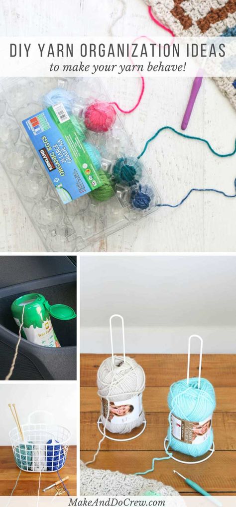 These DIY yarn holder ideas made from simple household objects will help you spend more time crocheting or knitting and less time untangling yarn! via @makeanddocrew Yarn Organization Ideas, Diy Yarn Organizer, Yarn Holders, Diy Yarn Holder, Crochet Yarn Holder, Make And Do Crew, Knitting Bowl, Yarn Winder, Knitting Hacks