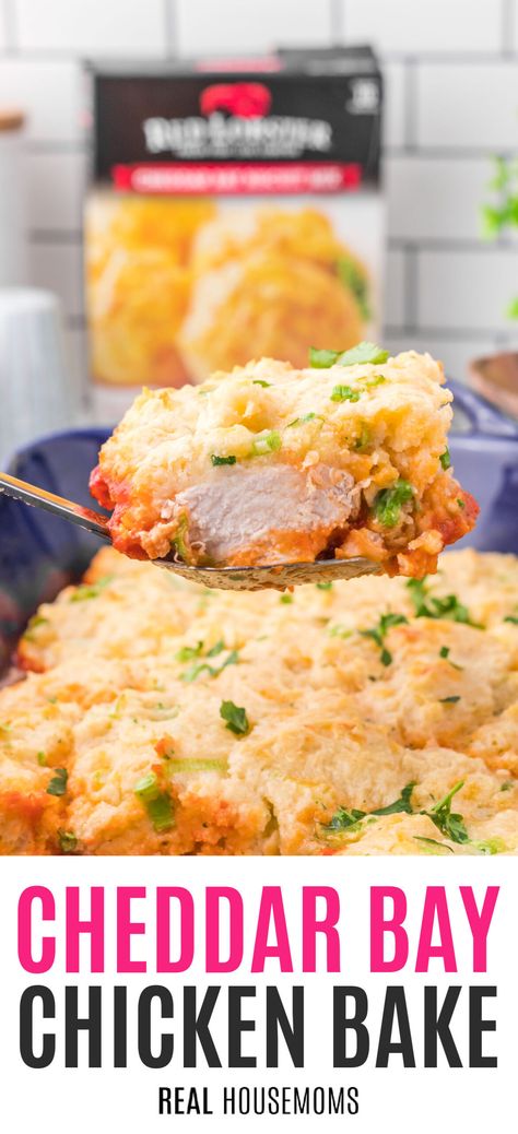 This Cheddar Bay Chicken Bake is an amazingly simple one-dish recipe that turns fan favorite Cheddar Bay Biscuits into the star of the meal! #Realhousemoms #cheddar #bay #chicken #bake #dinner #cheddarbaybiscuts #casserole #cheese #onedish Cheddar Bay Chicken Bake, Cheddar Bay Biscuit Meals, Cheddar Bay Biscuit Chicken Pot Pie, Chicken Bake Dinner, Cheddar Bay Chicken, Bake Dinner, Chicken Breast Recipes Baked, Cheddar Bay Biscuits, Cheddar Chicken