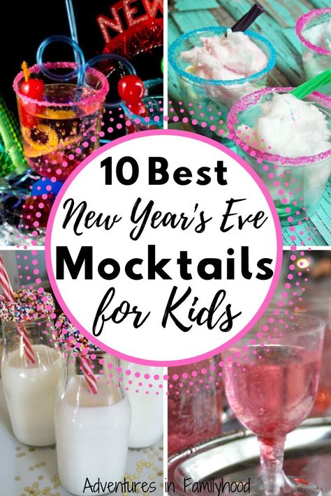 10 Best New Year's Eve mocktails for kids. Fun and easy to make. Perfect non alcoholic drinks for adults too #mocktails #partydrinks #newyearseve Kids New Years Eve Drink Ideas, Fun Kids New Years Eve Drinks, Kids New Years Drinks Fun, New Years Eve Mocktail Kids, Nye Kids Mocktails, Nye Family Food Ideas, Kid Friendly Nye Drinks, New Years Mocktail For Kids, New Year’s Eve Mocktail Ideas