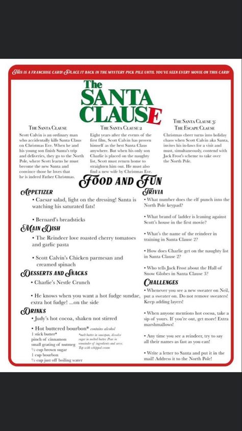 Santa Clause Food Ideas, Santa Claus Movie Night Food, Dinner And Movie Theme Date Night, Santa Clause Movie Night, Christmas Themed Movie Night, Themed Movie Nights For Kids, Disney Movie Themed Dinner, Family Movie Night Themes, Themed Dinners Ideas