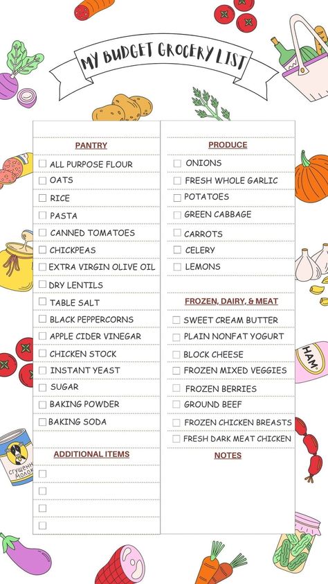 The ultimate budget grocery list to help you save money on food! Essential Grocery List, Meal Prep Grocery List, Budget Grocery List, Grocery List On A Budget, Cheap Grocery List, Groceries List, Budget Grocery, Cheap Groceries, Save Money On Food