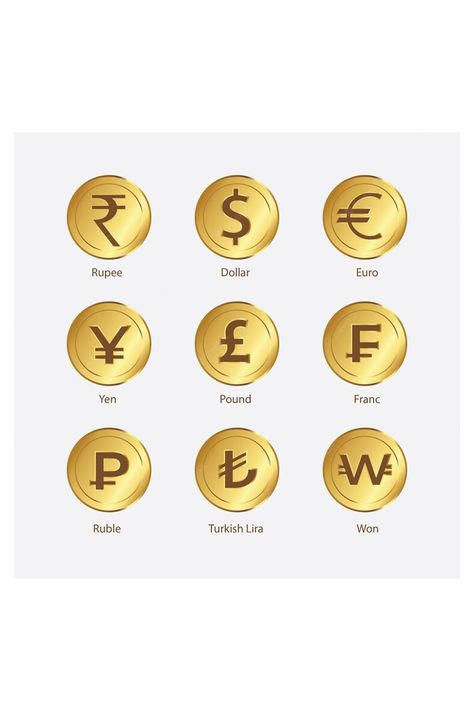 World Currency Gold Coins Vector Eps World Currency, Cafeteria Design, Golden Coins, Currency Symbol, Currency Design, Golden Coin, About World, Gold Money, Coin Set