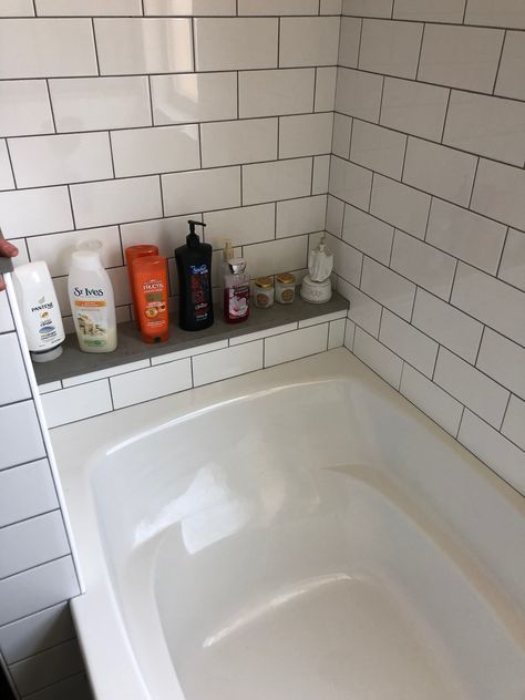 love the shelf! Ledge In Bathroom, Tub Shelf Bathtubs, Bathtub Shelves, Bathtub With Ledge, Bath Shower Shelf, Bathtub With Shelf At End, Bathtub Shelf Ideas, Tile Shower Soap Shelf, Bath Under Window