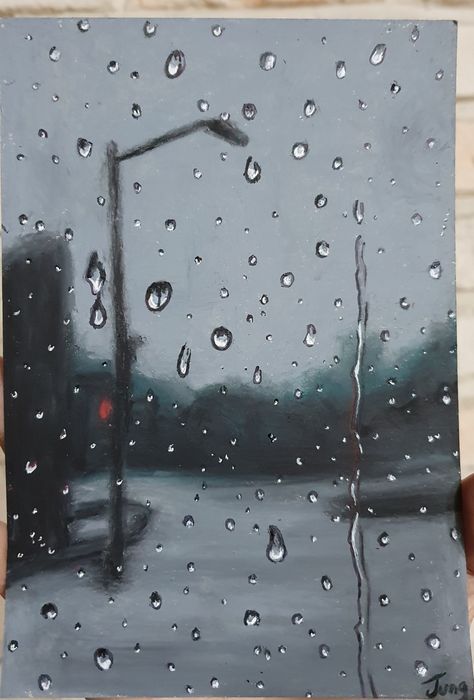 Raindrops Acrylic Painting, Watercolor Rain Drops, How To Paint Rain Drops Acrylic, Rain On Window Painting, Easy Rain Painting, Raining Watercolor, Rain Drops Painting, Rain Canvas Painting, Rain Painting Acrylic