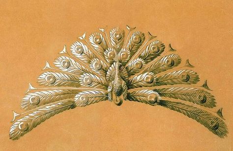 a Mellerio peacock tiara sketch from 1870's, with twenty-one large peacock feathers Artnouveau Drawing, Tiara Sketch, Peacock Tiara, Movie Jewelry, Crown Drawing, Feather Crown, Western Necklace, Black Paper Drawing, Tiaras Jewellery