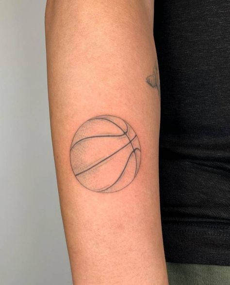 Fine line basketball tattoo on the forearm. Tattoo Designs Men Forearm, Basketball Tattoos, 2023 Pedicure, Basketball Aesthetic, Outer Forearm Tattoo, Tattoo Inspiration Men, Women Basketball, Simple Tattoo Designs, Back Of Shoulder Tattoo