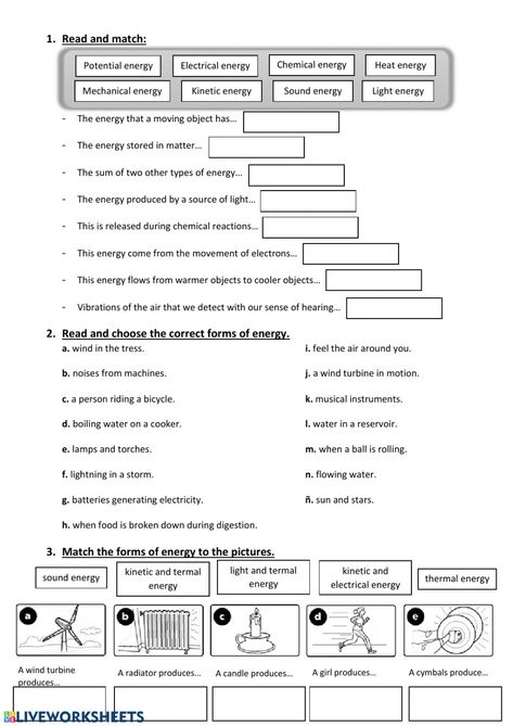 Forms Of Energy Worksheet, Energy Worksheets, Forms Of Energy, Science Printables, Types Of Energy, Energy Forms, Chemical Energy, Sound Energy, Mechanical Energy