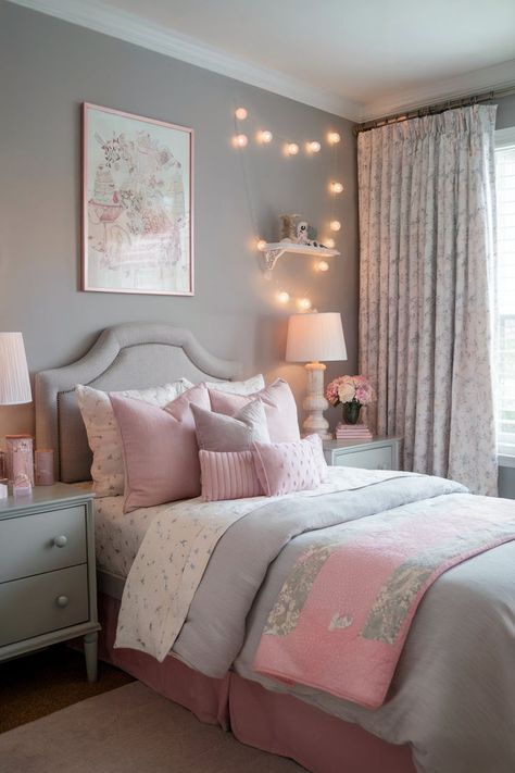 A cozy and charming grey bedroom designed for girls, featuring soft pink accents and floral decor. Grey Teenage Girl Bedroom, Teenage Girl Bedrooms Grey, Gray Teenage Girl Bedroom, Grey Bedroom Ideas With Pop Of Color, Grey Bedroom Inspirations, Grey Bedroom Decor Ideas, Grey Bedrooms, Sage Bedroom, Dark Gray Bedroom