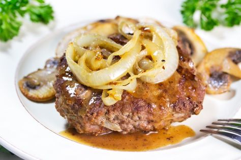 Salisbury Steak With Homemade Gravy Salisbury Steak With Onion Gravy, Salisbury Steaks, Homemade Salisbury Steak, Homemade Gravy Recipe, Salisbury Steak Recipe, Low Carb Meatballs, Salisbury Steak Recipes, Meatballs Easy, Homemade Gravy