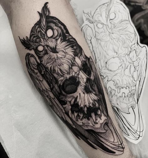 Owl Skull Tattoos, Barn Owl Tattoo, Dark Feminine Tattoos, Gotik Tattoo, Goth Tattoos, Rare Tattoos, Feminine Skull Tattoos, Shadow Tattoo, Feminine Tattoo Sleeves