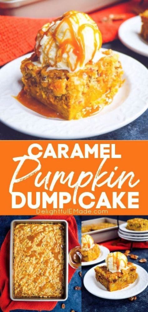 If you’re looking for an easy pumpkin dump cake recipe, you’ve come to the right place! This incredibly delicious Caramel Pumpkin Dump Cake resembles a pumpkin cobbler, but easily made with a cake mix and a few other ingredients. Uber moist, gooey caramel consistency will have you making this cake over and over again! || Delightful E Made Easy Pumpkin Dump Cake Recipe, Easy Pumpkin Dump Cake, Layered Pumpkin Dessert, Pumpkin Dump Cake Recipe, Pumpkin Cobbler, Pumpkin Dump, Pumpkin Spice Drinks, Caramel Pumpkin, Pumpkin Sheet Cake