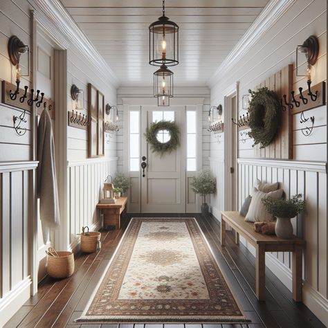 Include elements such as white shiplap walls, tasteful rustic light fixtures, dark hardwood flooring, and vintage area rugs. The hallway should lead to a welcoming door with a wreath hanging on it. Incorporate features like a wooden bench, coat hooks on the wall, and a console table with a vase of fresh flowers. This hallway is meant to serve as inspiration for a home remodel. Western Farmhouse Entryway, Country House Hallway Ideas, Rustic Home Entrance, Entry Hallway Ideas Farmhouse, Hallway Inspiration Farmhouse, Statement Entrance Hall, Cozy House Entryway, Country Home Entrance, Vintage Farmhouse Entryway