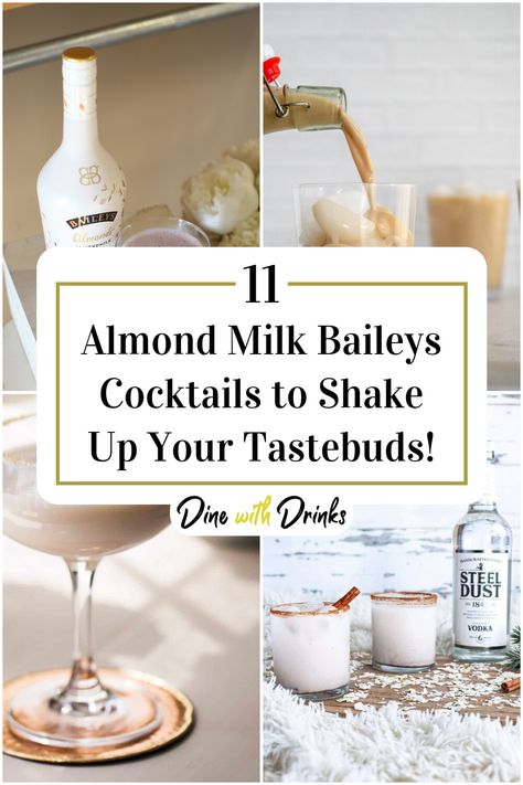 Collage of 4 almond milk baileys cocktails. Almond Baileys Recipes, Baileys Light Recipes Drinks, Almond Baileys Drinks, Baileys Almond Milk Liquor Recipes, Baileys Almande Recipes, Vegan Holiday Drinks, Dairy Free Cocktails, Baileys Cocktail, Best Almond Milk