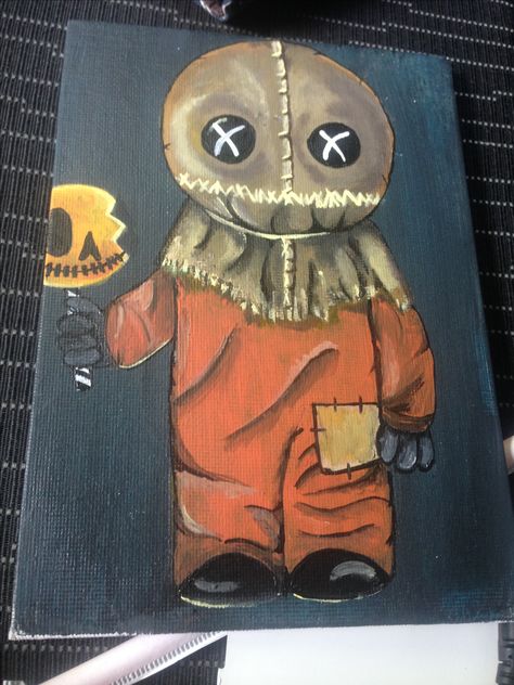 Horror Acrylic Painting Ideas, Easy Horror Painting Ideas On Canvas, Scary Halloween Canvas Paintings, Diy Canvas Art Painting Halloween, Horror Canvas Art, Horror Paintings Easy Canvas, Scary Canvas Painting Ideas, Sam Trick R Treat Painting, Canvas Painting Ideas Horror