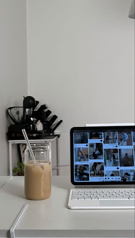 Apple Picsart AI Photo Editor Video Pinterest Tablet with images on screen and iced coffee in a glass jar on a desk in a minimalist home office. | Sky Rye Design Camera Flatlay, Video Editor Aesthetic, Editor Aesthetic, Editor Video, Minimalist Home Office, Funny Education Quotes, Ui Design Inspiration, Marketing Quotes, Creative Photos