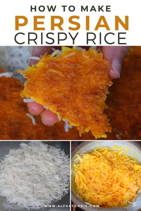 This tahdig is a Persian crispy rice made with saffron, yogurt, and egg, and cooked until it develops a wonderfully deep, caramelized, golden crust! Tadig Rice Recipe, Persian Crispy Rice, Assyrian Food, Tahdig Recipe, Benihana Fried Rice, Middle Eastern Recipes Arabic Food, Rice Crispies Recipe, Starch Sides, Persian Dishes