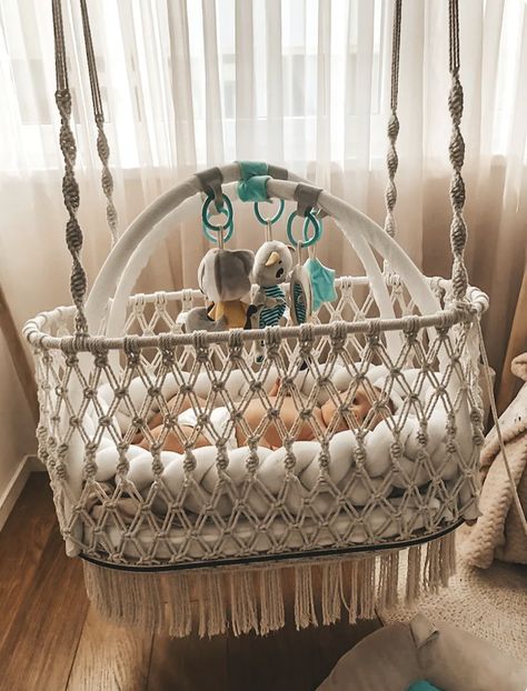 Swinging Bassinet, Crochet Baby Hanging Crib Basket, Macrame Bassinet, Macrame Crib Mobile Diy, Macramé Cat Bed, Macrame Baby Swing, Macrame Hanging Bassinet, Hanging Bassinet, Macrame Cot Mobile