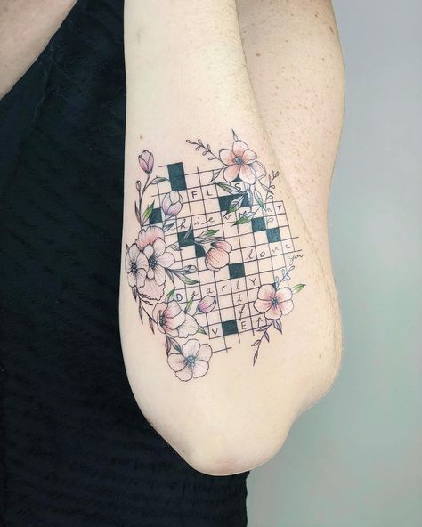 I loved designing this one for you Madison! Crosswords in honor of her grandma, words are written with her handwriting 💐 Crossword Puzzle Tattoo, Crossword Tattoo, Puzzle Tattoo Ideas, Tattoos Grandma, Puzzle Tattoo, Watercolor Compass Tattoo, Grandma Tattoo, Grandma Tattoos, Puzzle Tattoos