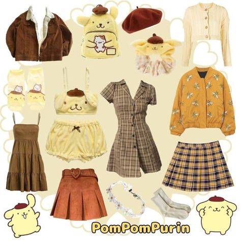 Rilakkuma Inspired Outfit, Cinnamon Roll Inspired Outfit, Pompompurin Outfit Aesthetic, Pompompurin Halloween Costume, Kawaii Clothing Aesthetic, Pom Pom Purin Outfit, Sanrio Characters Outfits, Pochacco Inspired Outfit, Pompompurin Aesthetic Outfit