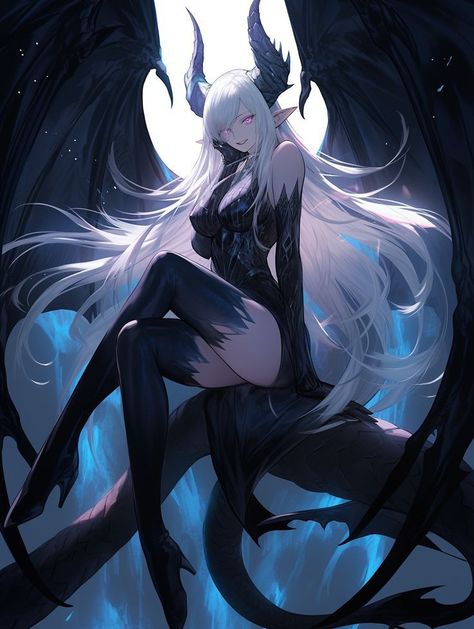 Demon Lord Female, Bahamut Human Form, Dragon Sorcerer Female, Dnd Demon Lord, Elf Woman White Hair, Sucubus Character Art, Dragonoid Female, Demon Female Art, Dragonoid Human