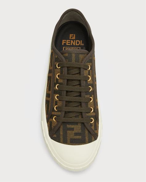 FENDI FF Jacquard Low-Top Sneakers $650.00 Chic Shoes, Brown Sneakers, Brown Brown, Leather Cap, Brown Canvas, Mua Sắm, Sneaker Heels, Sunglasses Sale, Canvas Sneakers