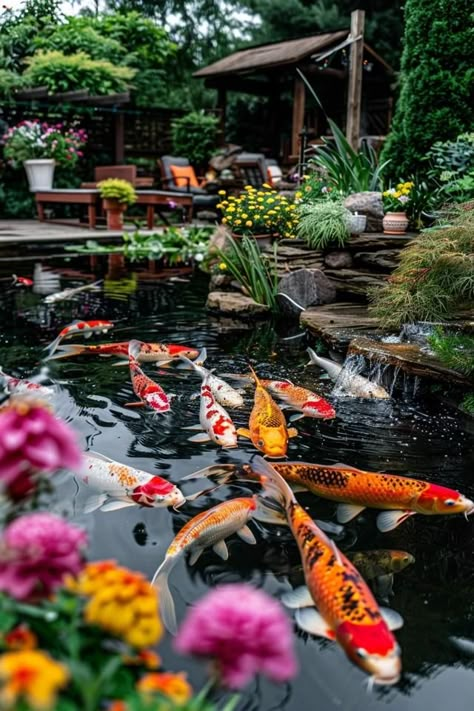 Koi Fish Pond Ideas for Serene Backyard Retreats Coy Pond Aesthetic, Beautiful Koi Ponds, Coy Fish Pond Backyard, Home Koi Pond, Small Koi Pond Ideas, Water Pond Ideas, Koi Fish Pond Backyard, Koi Fish Pond Ideas, Backyard Koi Pond Ideas