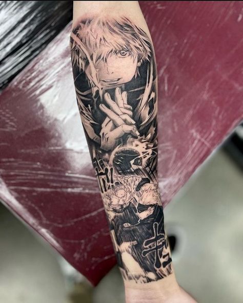 Anime Tattoos Forearm, Gojo Satoru Tattoo Design, Gojo Tattoo Ideas, Gojo Tattoo Designs, Anime Leg Sleeve Tattoo, Anime Leg Tattoo, Gojo Satoru Tattoo, Anime Sleeves, Anime Sleeve Tattoo