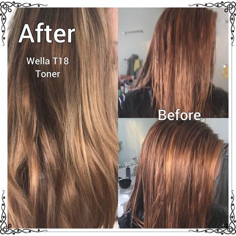 Used L’Oréal Féria Absolute Platinum to lighten hair, then I toned the hair with Wella ColorCharm Toner in T18.   https://amzn.to/2T7a6U6 Wells T18 Before And After, T18 Toner, Wella Toner T18, Tone Orange Hair, Toner For Brown Hair, How To Lighten Hair, Ombre Balayage, Orange Hair, Cool Hair Color