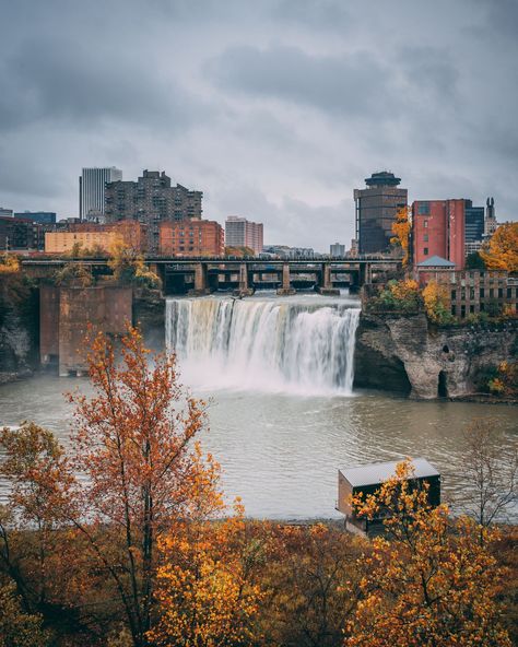 High Falls on the Genesee River with autumn color, in Rochester, New York Rochester New York, Hotel Motel, Posters Framed, Rochester Ny, Image House, City Skyline, Niagara Falls, Framed Wall, Night Life