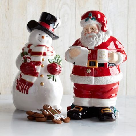 Ceramic Snowman Painting Ideas, Christmas Canisters, Christmas Cookie Jar, Holiday Pottery, Snowman Cookie Jar, Santa Cookie Jar, Christmas Ceramics, Snowman Cookie, Carved Santa