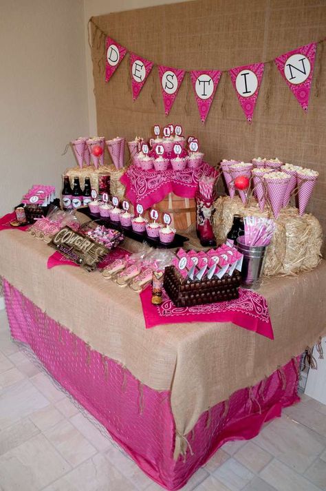 Pink Cowgirl Birthday Party, Pink Cowgirl Party, Pink Cowgirl Birthday, Cowgirl Birthday Party Ideas, Sheriff Callie Birthday, Rodeo Birthday Parties, Buffet Dessert, Cowgirl Baby Showers, Western Birthday Party