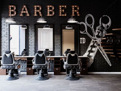 Masculine Barbershop Design, Rustic Barbershop Ideas, Trendy Barber Shop Interior, Barbershop Seating Area, Barber Shop Lighting Ideas, Barber Shop Decor Modern, Modern Barber Shop Ideas Interior Design, Barber Interior, Henna Design Tutorial