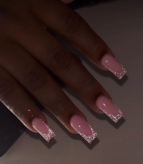 Pink Sparkle Aesthetic Nails, Nail Ideas Gel Pink, Short Double French Nails, Red Glitter French Tip Nails Short, Birthday Nails Glitter Sparkle, Aquarius Birthday Nails Short, Birthday Nails For 12 Year, Birthday Sns Nails, Light Pink Nails Sparkle