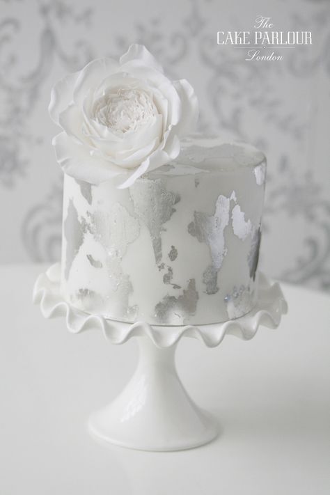 White And Silver Cake, White Iced Cake, Most Beautiful Cakes, Leaf Cake, Metallic Cake, Iced Cake, There's No Tomorrow, Wedding Anniversary Cakes, London Cake