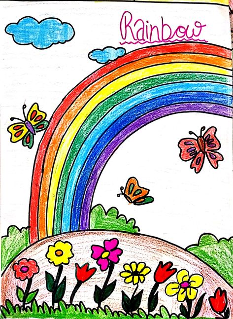 Rainbow 🌈 picture Rainbow Colours Drawing, Rainy Day Drawing, Rainbow Songs, Rain Bow, Kids Canvas Painting, Bow Drawing, Rainbow Pictures, Easy Drawings For Beginners, Indian Art Gallery