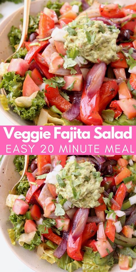 Make Chipotle's Veggie Fajita Salad bowl at home with this easy recipe! It's incredibly flavorful, packed with veggies and made with the most delicious Chipotle Vinaigrette dressing! This recipe is under 500 calories per serving, gluten free and vegetarian, making it a healthy option for any diet! It's also made in just 20 minutes, creating an easy meal anytime! Fajita Salad Bowl, Chipotle Vinaigrette Dressing, Mexican Bowl Recipe, Fajita Salad Recipe, Chipotle Vinaigrette, Fajita Salad, Chipotle Recipes, Veggie Side Dish Recipes, Healthy Veggie