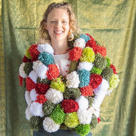 Crochet Ugly Christmas Sweater, Creative Ugly Christmas Sweater, Make A Pompom, Pompom Sweater, Ugly Sweater Contest, Knit Structure, Sweater Refashion, Old Sweater, Christmas Gifts For Boys