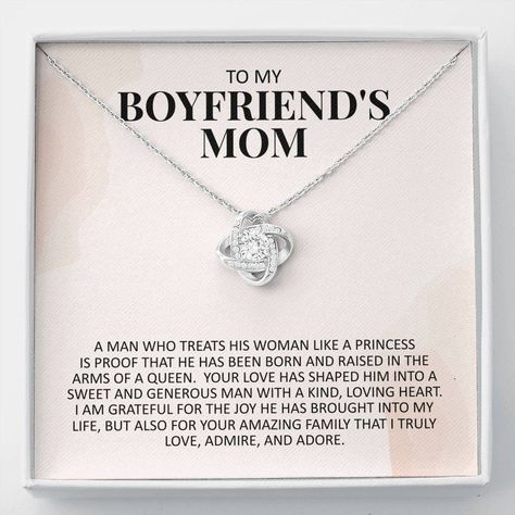 "Gift this sentimental necklace to your boyfriend's mom as a thank you for raising an amazing man. Message Card: To my boyfriend's mom - A man who treats his woman like a princess is proof that he has been born and raised in the arms of a queen. Your love has shaped him into a sweet and generous man with a kind, loving heart. I am grateful for the joy he has brought into my life, but also for your amazing family that I truly love, admire, and adore. Product Dimensions: * 14k white gold over stai Gifts For My Boyfriends Mom, To My Boyfriends Mom Necklace, Boyfriend Mom Gifts, Mil Gifts, Gifts For Boyfriends Mom, Bf Bday, Gift For Boyfriends Mom, To My Boyfriends Mom, Sentimental Necklace