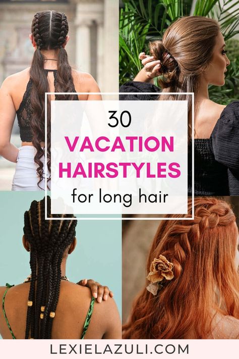 Here are 30 pretty vacation hairstyles for long hair. You'll find travel hairstyles for the airplane, hairstyles for outdoor activities, and ways to wear your hair when its rainy. You'll also get elegant hairstyles to wear on a night out, and hot day hairstyles for beach days. Keep reading to see them!💜💜💜hair care tips | how to wear your hair on a plane | How to make your hair look put together | Travel hairstyles road trips Hairstyles For Outdoor Activities, Vacation Hairstyles For Long Hair, Airplane Hairstyles, Hot Day Hairstyles, Vacay Hair, Vacation Hairstyle, Dinner Hairstyles, High Ponytail Braid, Two Dutch Braids