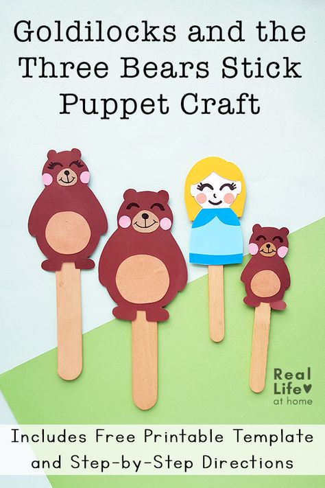 Here are step-by-step directions and free printable templates for a set of stick puppets Goldilocks and the Three Bears craft for kids. Bear Activities Preschool, Bear Crafts Preschool, Three Bears Activities, Fairy Tales Preschool Activities, Bear Puppet, Puppet Template, Stick Puppet, Bears Preschool, Fairy Tales Preschool