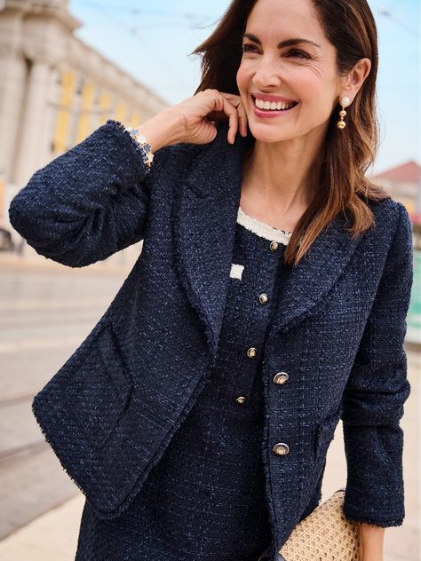 Nothing says classic like a navy and white color palette. Shop Talbots NEW spring arrivals now! Navy Tweed Jacket Outfit, Tweed Jacket Outfit, Tweed Cropped Jacket, Cropped Jacket, Tweed Jacket, Crop Jacket, Blue Hues, Polished Look, Covered Buttons