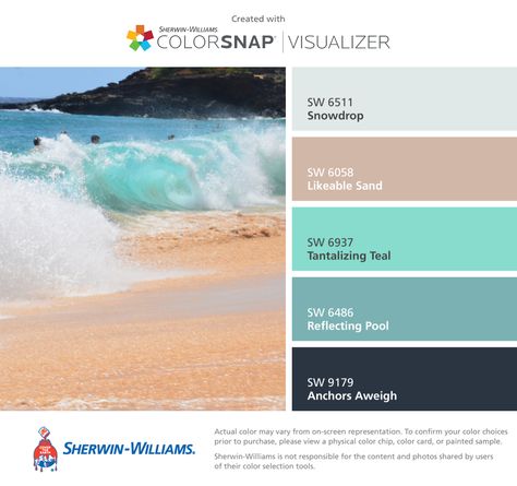 Colors | Combos | Palettes | Color Snap App | Sherwin-Williams | Snowdrop Blue | Likeable Sand Brown | Tantalizing Teal | Reflecting Pool | Anchors Aweigh Tantalizing Teal Sherwin Williams, Sherwin Williams Snowdrop, Likeable Sand, Snap App, Tantalizing Teal, Fish Shack, Teal Color Palette, Palettes Color, Thailand Vacation