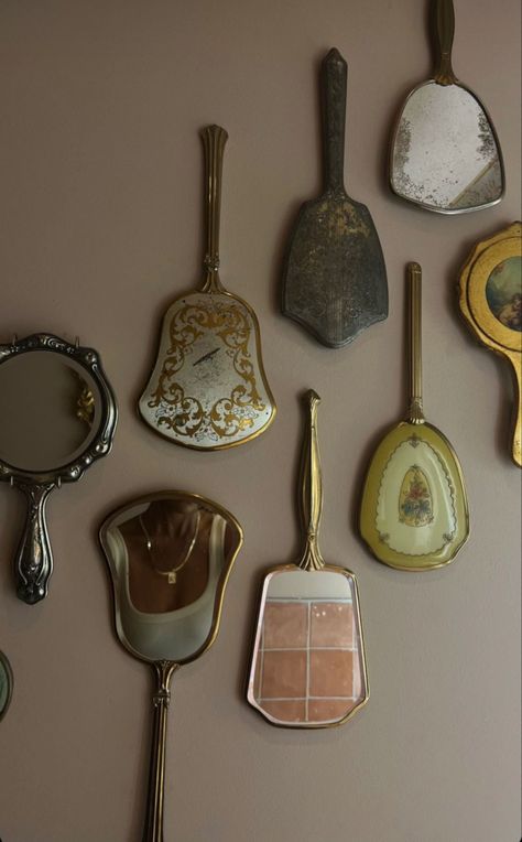 Small Vintage Mirror, Vintage Hand Mirror Wall, Vintage Hand Mirror Aesthetic, Tattoo Shop Interior, Antique Handheld Mirror, Vintage Handheld Mirror, Mirror Collage, Pink Closet, Antique Things