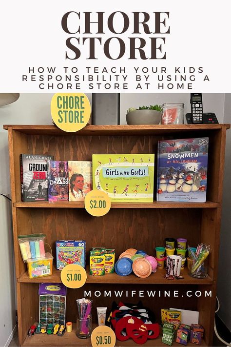 How to Teach Your Kids Responsibility By Using a Chore Store at Home #chores #chorestore #responsibility #kids #parenting Chore Store Ideas, Chore Store For Kids, Family Store Rewards, Chore Baskets For Kids, Chore Store, Snack Store For Chores, How To Make Chores Fun, Diy Chore Chart Kids, Teaching Kids Responsibility