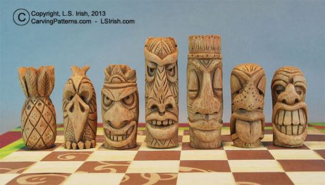 free tiki craft | Tiki Chess Set, Beginner's Wood Carving Project by Lora S. Irish Tiki Faces, Wood Carving For Beginners, Tiki Art, Dremel Projects, Chip Carving, Chess Sets, Carving Wood, Tanah Liat, Carving Patterns