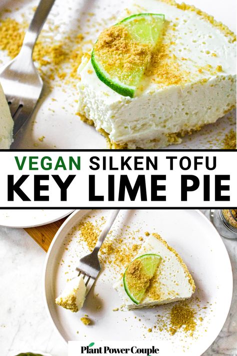 Savor the zesty bliss of our vegan key lime pie! This dairy-free, egg yolk-free delight offers a no-cook, protein-packed twist on the classic. Just blend key lime juice, sugar, and a silken tofu-based filling, pour into a pre-made graham cracker crust, chill, slice, and indulge! Effortlessly easy and surprisingly rich, it's the ideal vegan summer dessert for any occasion. Treat yourself and your guests to a slice of refreshing decadence! Vegan Lime Dessert, Tofu Dessert Recipes, Tofu Desserts, Vegan Key Lime Pie Recipe, Tofu Pie, Vegan Mousse, Lactose Free Desserts, Tofu Dessert, Dessert Person