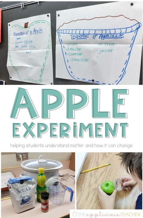 Use apples to help students understand how heat can change matter. Love this idea for a september science experiment or better understanding properties of matter Apple Experiment, Matter Experiments, Physical Properties Of Matter, Matter Lessons, Matter Activities, Apple Unit, First Grade Science, Apple Activities, Primary Science